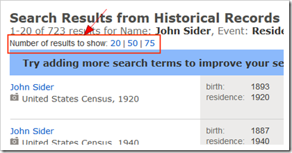 Set the number of search results on FamilySearch.org historical records