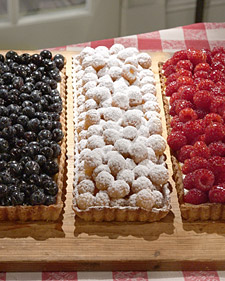 Blueberry tart along with red and golden raspberry tarts for an All American dessert