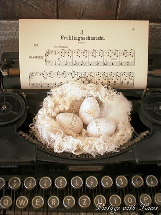 Spring Decor: Nest with Eggs on Typewriter - Vintage with Laces Spring Decor: Nest with Eggs on Typewriter - Vintage with Laces