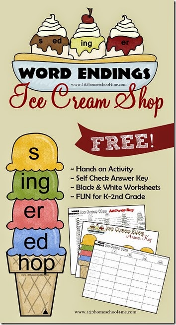 Word Endings Ice Cream Shop - What a fun, free printable educational game for kids working on word endings - s, er, ing, ed. This is a fun hands on activity for Kindergarten, 1st grade, and 2nd grade kids in homeschool, after school, or classrooms. Word Endings Ice Cream Shop - What a fun, free printable educational game for kids working on word endings - s, er, ing, ed. This is a fun hands on activity for Kindergarten, 1st grade, and 2nd grade kids in homeschool, after school, or classrooms.