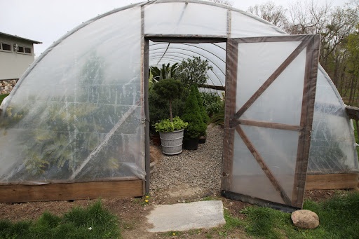 Sharkey, let's check out the hoop house.  I think this is where all of the tropical plants from the sunken garden have been stored for the winter.  I can't wait for them to be brought out of here.
