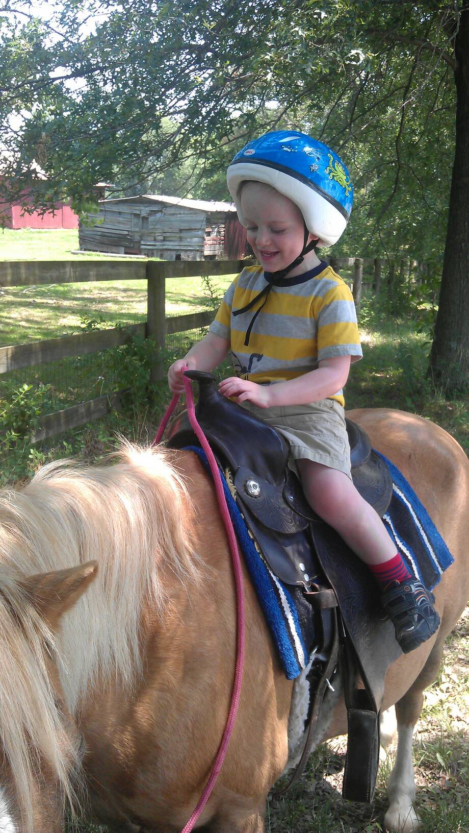 Andy rides a pony for the first time