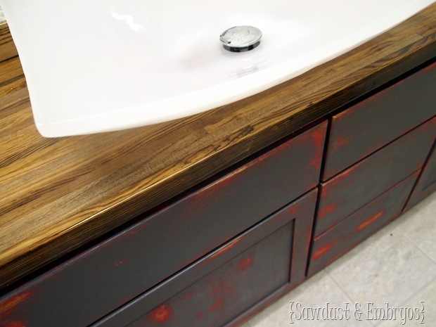 Glossy Butcher block counter with rugged dru-brushed base {Sawdust and Embryos}