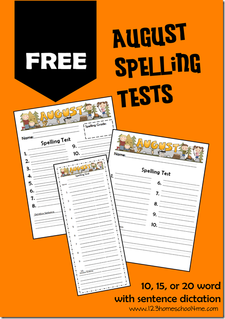 FREE August spelling tests! Includes various options for 10, 15, or 20 spelling words with or without dictation. FREE August spelling tests! Includes various options for 10, 15, or 20 spelling words with or without dictation.
