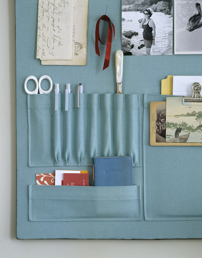 The pockets were sewn onto the fabric that lines the pin board.