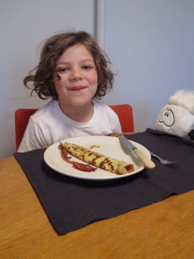 The birthday boy, who likes his crepe rolled with peanut butter and maple syrup, thankyouverymuch.