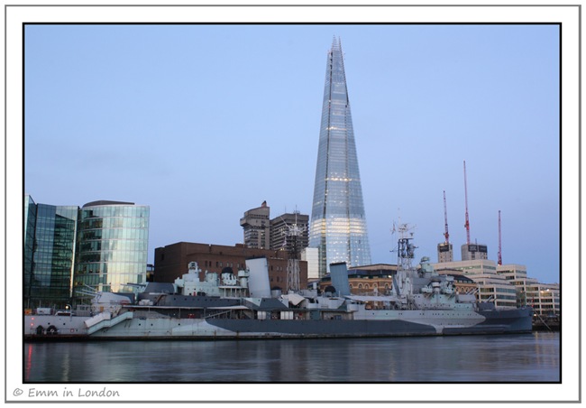 The Shard and HMS Belfast just before sunrise