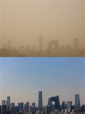 A composite photograph shows Beijing's skyline during the 28 February 2013 sandstorm, top, and during good weather on 19 February 2013. Photo: Feng Li / Getty Images