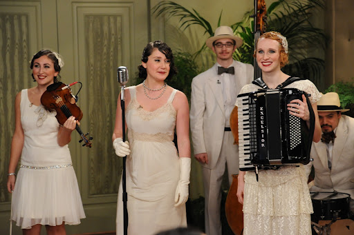 Here, the band, Carte Blanche. Don't you just love their flapper costumes?