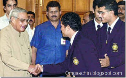 Sachin Tendulkar shakes hands with Prime Minister Atal Behari Vajpayee while skipper Sourav Ganguly looks on. The Indian team met the PM before its departure to Pakistan in 2004