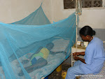 Dans la moustiquaire, un enfant victime de paludisme reçoit des soins dans un hopital à Kinshasa. Radio Okapi/ Ph. John Bompengo