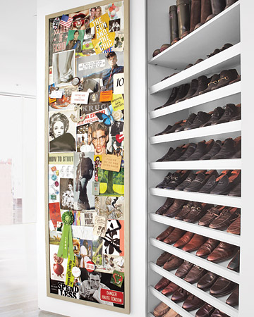 The shoe closet is one of my favorite areas. First, we pared down my footwear then boots went up top, and shoes below, arranged by color. The shelves are protected with nonslip shelf liner.