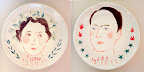 Wedding portraits on large porcelain plates I made when we got home. I just went to one of those Paint Your Own Pottery places where kids have their birthday parties. It's really hard because the glazes are essentially invisible ink until they've been fired, so you kind of fly blind when you're painting. I'm proud of the concept, but must learn a better technique before I can do it for other people. Wedding portraits on large porcelain plates I made when we got home. I just went to one of those Paint Your Own Pottery places where kids have their birthday parties. It's really hard because the glazes are essentially invisible ink until they've been fired, so you kind of fly blind when you're painting. I'm proud of the concept, but must learn a better technique before I can do it for other people.