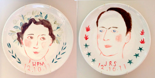 Wedding portraits on large porcelain plates I made when we got home. I just went to one of those Paint Your Own Pottery places where kids have their birthday parties. It's really hard because the glazes are essentially invisible ink until they've been fired, so you kind of fly blind when you're painting. I'm proud of the concept, but must learn a better technique before I can do it for other people.