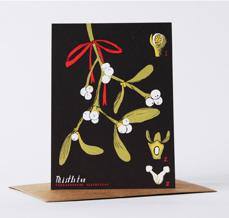 A mistletoe print is perfect for romantics. Botanical Mistletoe Card, $4, Yellow Owl Workshop, yellowowlworkshop.com.