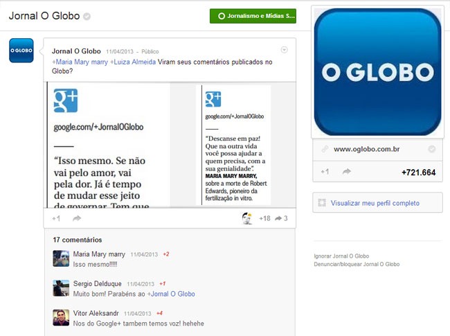 Interação O Globo no Google Plus