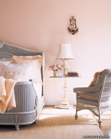 In the bedroom, Martha had a lampshade made to match the Italian alabaster reading lamp; the ruffled edge echoes the fluted top of the lamp base.
