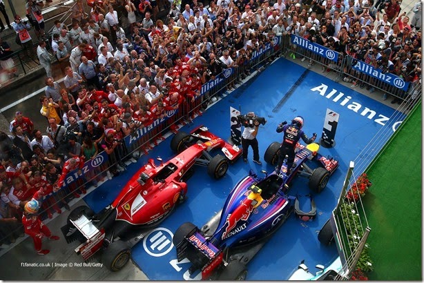 BUDAPEST, HUNGARY - JULY 27:  Daniel Ricciardo of Australia and Infiniti Red Bull Racing celebrates victory in Parc Ferme after the Hungarian Formula One Grand Prix at Hungaroring on July 27, 2014 in Budapest, Hungary.  (Photo by Dan Istitene/Getty Images) *** Local Caption *** Daniel Ricciardo