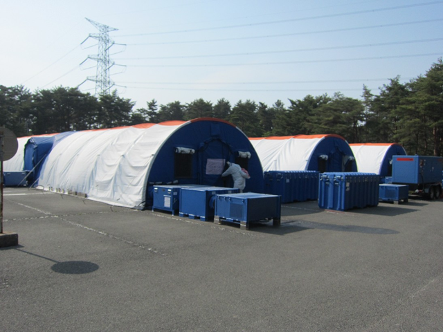 The Toshiba rest area at the Fukushima Daiichi nuclear plant, June 2011. The rest area is constructed with modular buildings. TEPCO