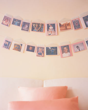 Photo garlands make charming timelines of the bride and groom's childhoods -- and festive decorations especially for a bridal shower. (marthastewartweddings.com)