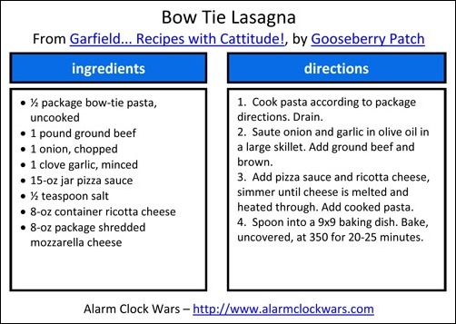 bow tie lasagna recipe card