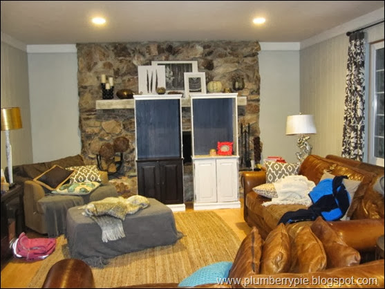 pops of accessories against dark backin on bookcase