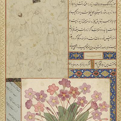 Composite folio | Origin: Qazvin, Iran | Period: ca. 1575 Muhammadi,Safavid period | Details: During the sixteenth and seventeenth centuries in Iran, individual paintings and drawings were often mounted together with fragments of poetry and bound in albums. This album leaf is formed of four very different elements. The text page in the upper right is from a sixteenth-century manuscript of the Gulistan (Rose Garden) by the Persian poet Sa'di (ca. 12131292). The lines of delicate script in the lower left comprise a love poem copied by the sixteenth century calligrapher Shah-Mahmud al-Nishapuri (died ca. 156465). The primrose plant is inscribed with the name of the seventeenth-century painter Master Murad. The tinted line drawing of dancers, who may belong to the mystical order of Sufism, is attributed to the well-known artist Muhammadi of Herat (active ca. 156091). | Type: Colors, and gold on paper | Size: H: 30.0 W: 19.8 cm | Museum Code: F1946.15a-d | Photograph and description taken from Freer and the Sackler (Smithsonian) Museums. 81c8dad6cd1d48c68dd92c65c3c0d4a6.jpg