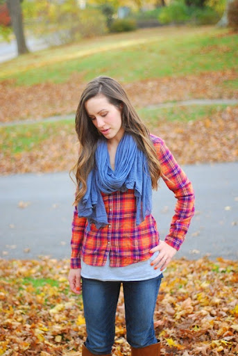flannel, scarf, brown boots
