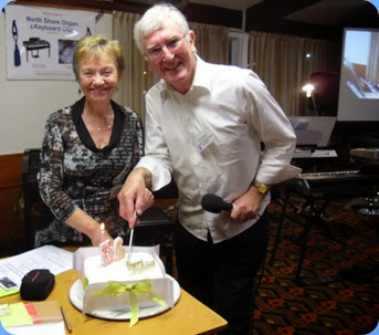 Our Catering Manager, Diane Lyons, and President, Gordon Sutherland, cutting the 36th Birthday cake. The fruit cake was baked by Committee member, Peter Littlejohn, and iced by his mum, Diane Littlejohn. Tasted scrummy too!  Photo courtesy of Dennis Lyons.