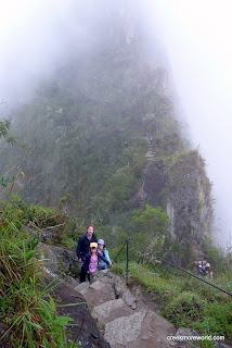 The top of the mountain is covered in mist.  It's a 1500 foot climb.