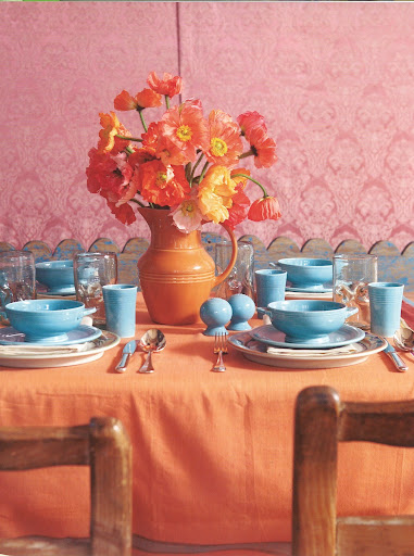 Orange poppies, blue Fiestaware and a shot of pink. That is color inspiration.