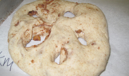 A hazelnut, fig, and wine mixture was kneaded into a dough. We formed it into fougasse, French flatbreads that you cut slits into to make leaf or tree shapes. My shape was more like a sand dollar.