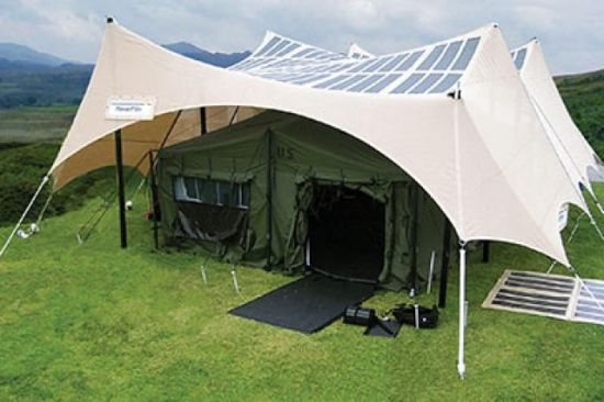 Flexible solar-powered shades and tents designed for military purposes. U.S. Army via ecofriend.com