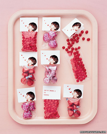 Make personalized treat bags by cutting out a picture, scanning it, and printing onto heavyweight matte paper. Cut tags using pinking shears for the bottom edges, draw hearts, or write a message on each one. Fold the tags and tape them to cellophane bags filled with sweets.