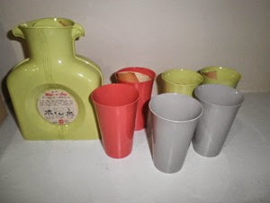yellow Shel Glo double spout pitcher with tumbler set yellow Shel Glo double spout pitcher with tumbler set