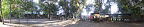 Multi-shot panorama of our campsite. Our cabin was off to the left, roughly in the middle was the kitchen and dinning area with the campfire in front of it and the place behind the washing line was the bar with the river just past it.