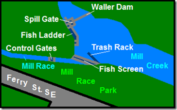 Map of the Waller Dam & Mill Race Park in Salem, Oregon