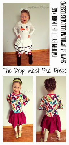 PDF Sewing Patterns for Girls. A review of the Drop Waist Diva dress. Pattern by Little Lizard King. Sewn by Daydream Believers Designs. This is a great drop waist, knit bodice dress with loads of options!