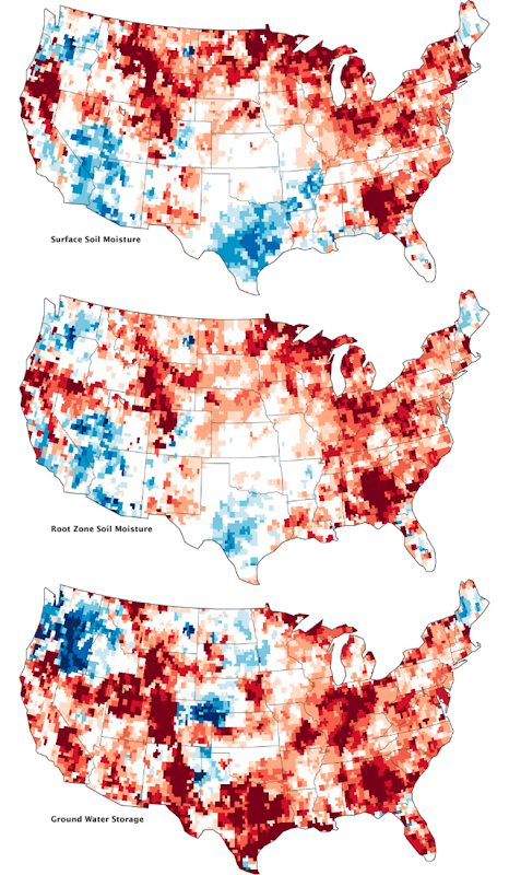 These maps combine data from the twin GRACE satellites with ground-based measurements to map the relative amount of water stored near the surface and underground as of 17 September 2012. The top map shows moisture content in the top 2 centimeters of surface soil; the middle map depicts moisture in the 'root zone,' or the top meter of soil; and the third map shows groundwater in aquifers. In all of the maps, September 2012 conditions remain significantly drier than the norm. Maps by Chris Poulsen, National Drought Mitigation Center at the University of Nebraska-Lincoln