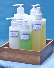 Again, these bottles were bought empty and items like aloe, lotion and hairspray were poured in to provide guests with the bathroom essentials.