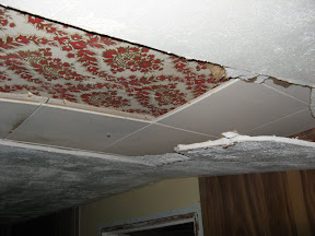 Our layer cake ceiling - Stuccod drywall over acoustic tile over wallpapered drywall