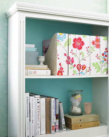 Swap the utilitarian look and feel of her office magazine organizers for something more artful using a decorative paper. (marthastewart.com)