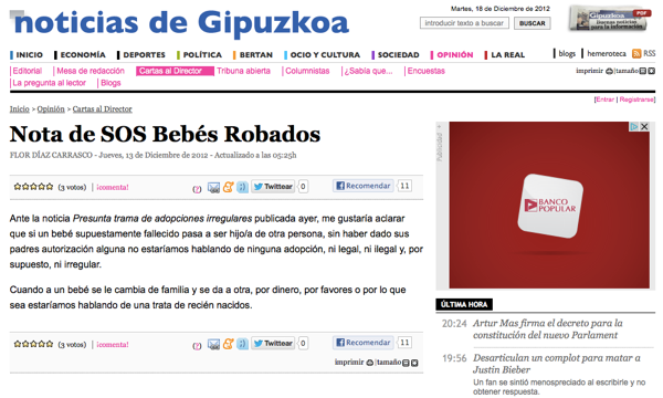 20121213 NOTICIAS DE GIPUZKOA CARTAS AL DIRECTOR NOTA DE SOS BEBES ROBADOS
