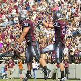 Dan Moore celebrates with Carver after the trick play touchdown.  Washington - Grizzly Stadium, Montana Grizzlies vs. South Dakota Coyotes.  Missoula, MT, September 1st, 2012.