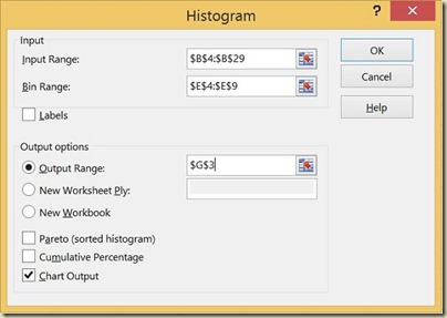 Variation in Excel - Histogram Dialogue Box