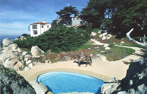The contrast between the dark woods and bright blue pool makes this photograph mesmerizing. Christian de Guigne at his home in Pebble Beach, California, 1976. (Poolside With Slim Aarons, Abrams) The contrast between the dark woods and bright blue pool makes this photograph mesmerizing. Christian de Guigne at his home in Pebble Beach, California, 1976. (Poolside With Slim Aarons, Abrams)