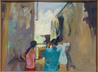 American Tourists in Lamu, oil on gessoed cardboard, image 10x7 1/2, framed 16x13