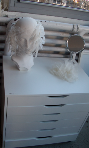 Here, one of the new bridal headpieces.