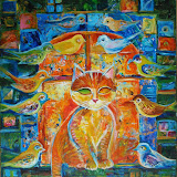 SPRZEDANY: Kot i 11 ptaków - z cyklu koty i ptaki - Mantykora. Akryl na płótnie; wymiary: 50x45cm