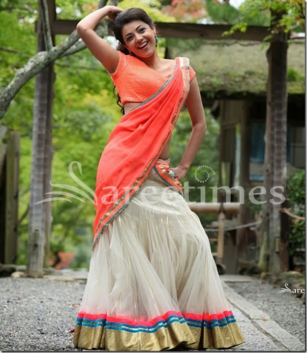 Kajal_Agarwal_White_Peach_Half_Saree Kajal_Agarwal_White_Peach_Half_Saree